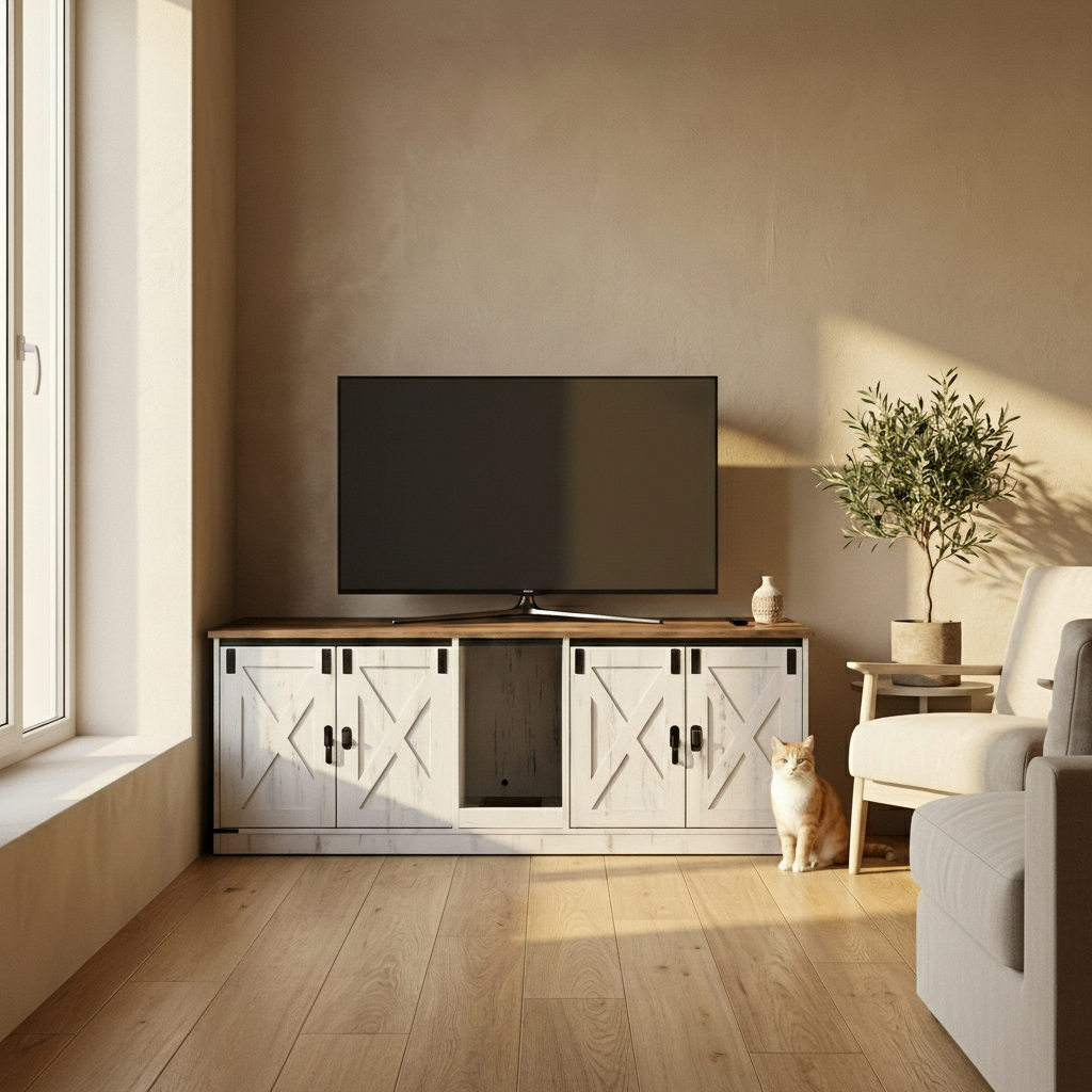 Meuble cache litière grand format bois blanc — Félis Cottage
