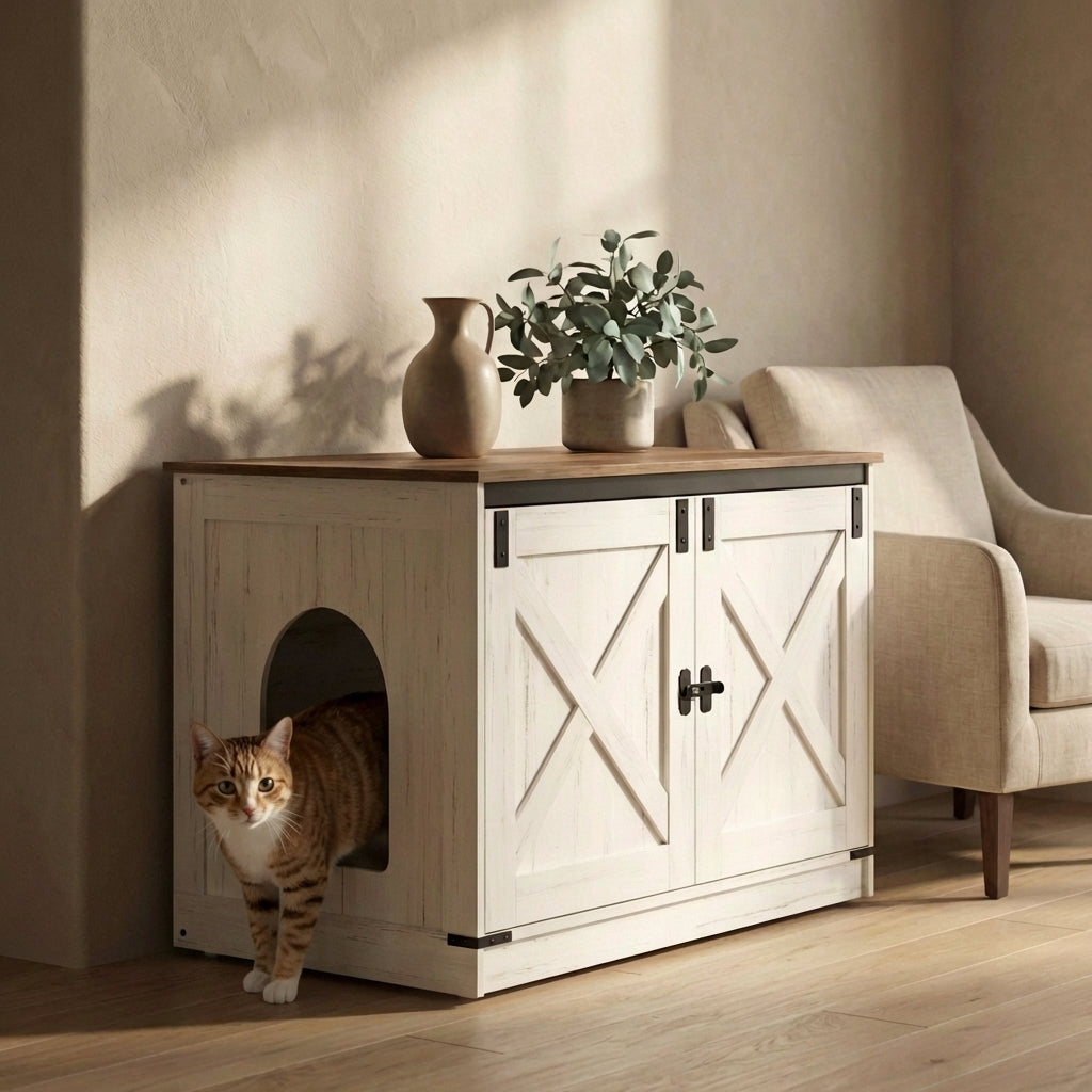 Meuble cache litière bois & blanc — Félis Cottage