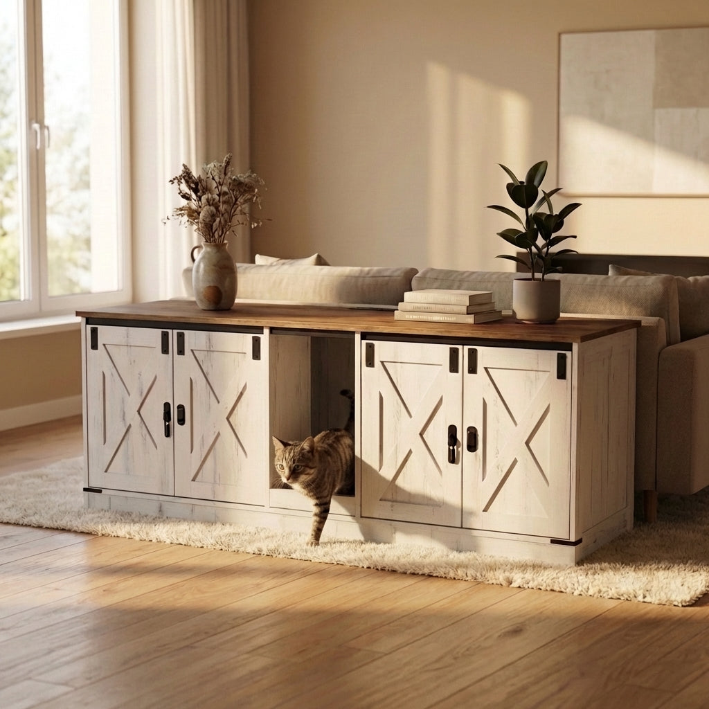 Meuble cache litière grand format bois blanc — Félis Cottage