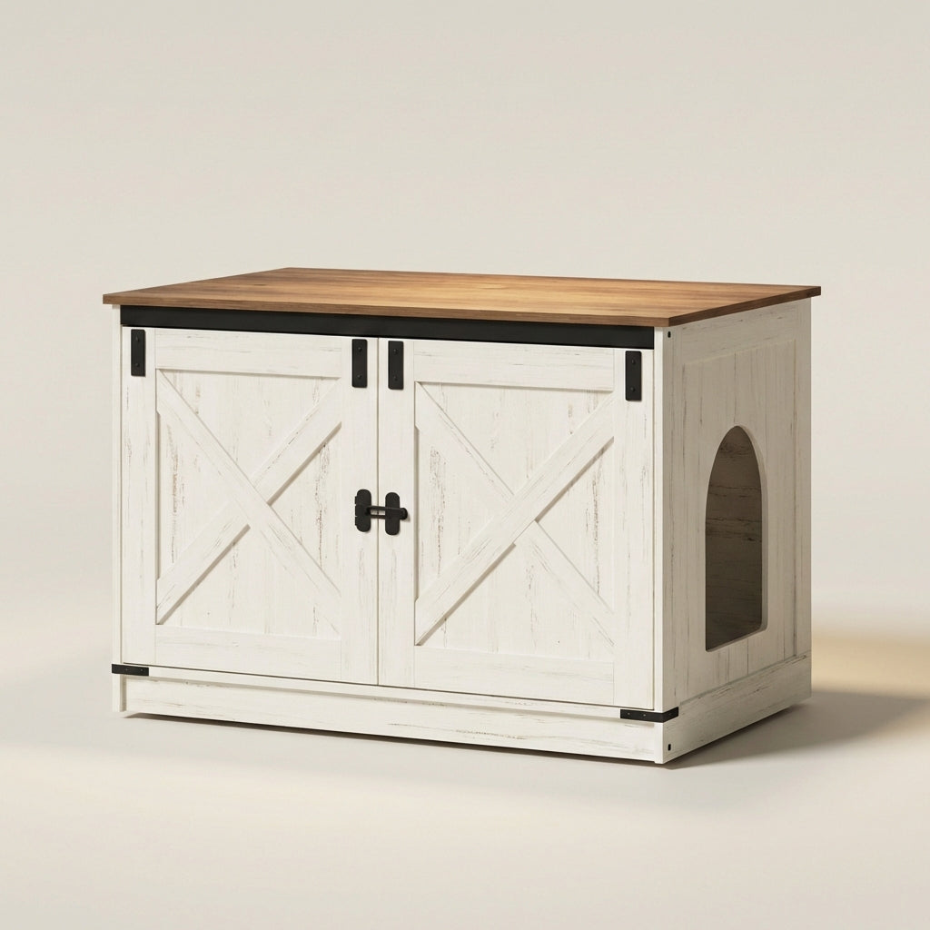 Meuble cache litière bois & blanc — Félis Cottage