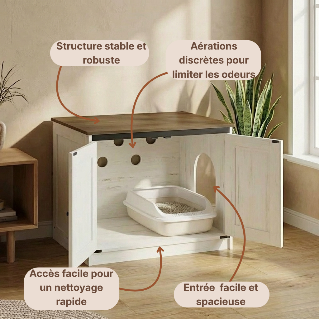 Meuble cache litière bois & blanc — Félis Cottage