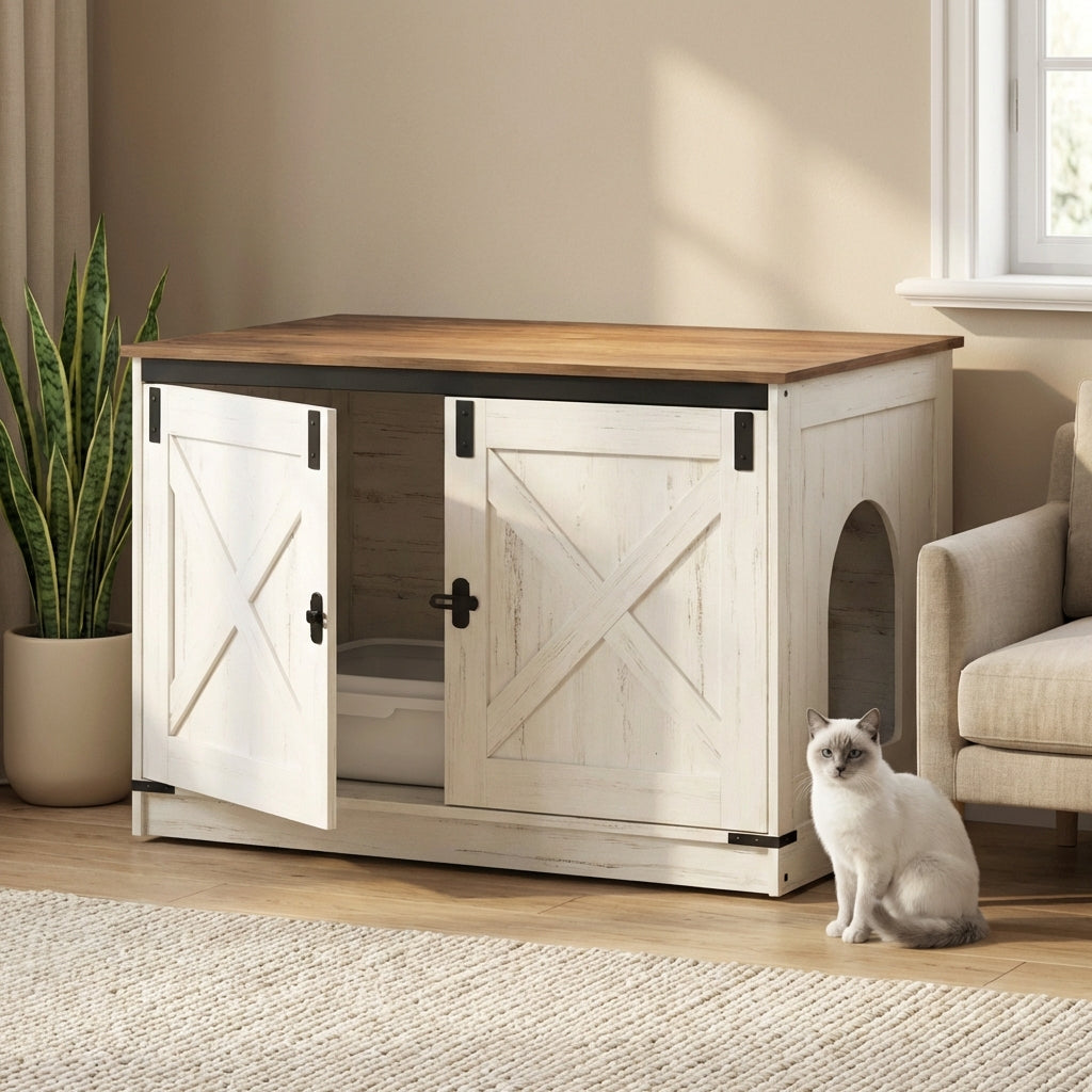 Meuble cache litière bois & blanc — Félis Cottage