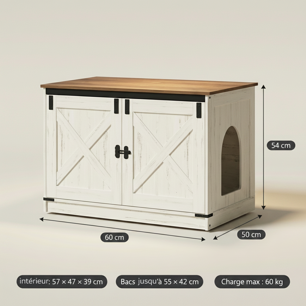 Meuble cache litière bois & blanc — Félis Cottage