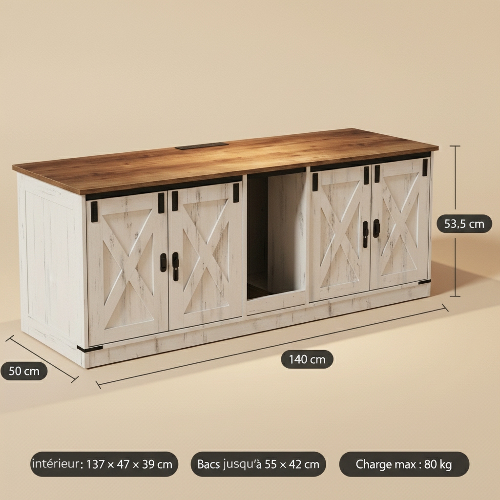 Meuble cache litière grand format bois blanc — Félis Cottage