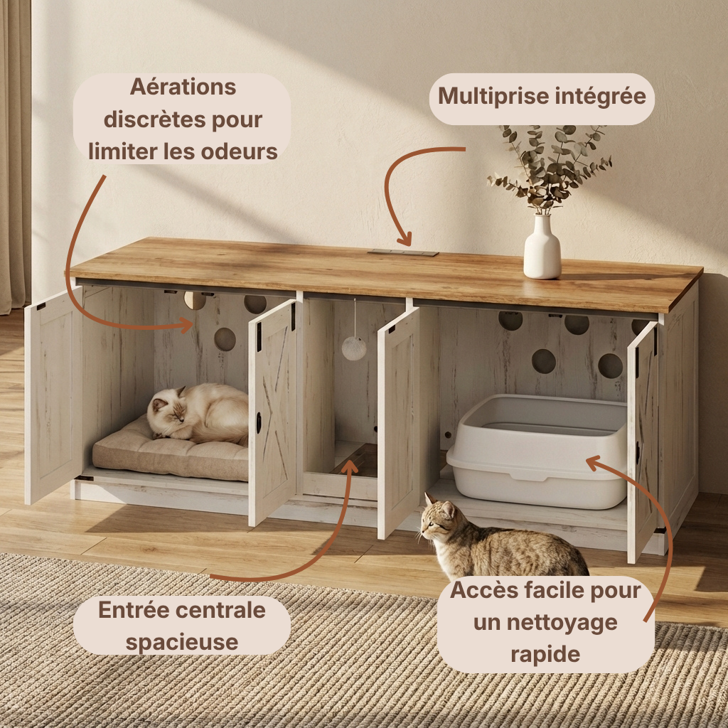 Meuble cache litière grand format bois blanc — Félis Cottage